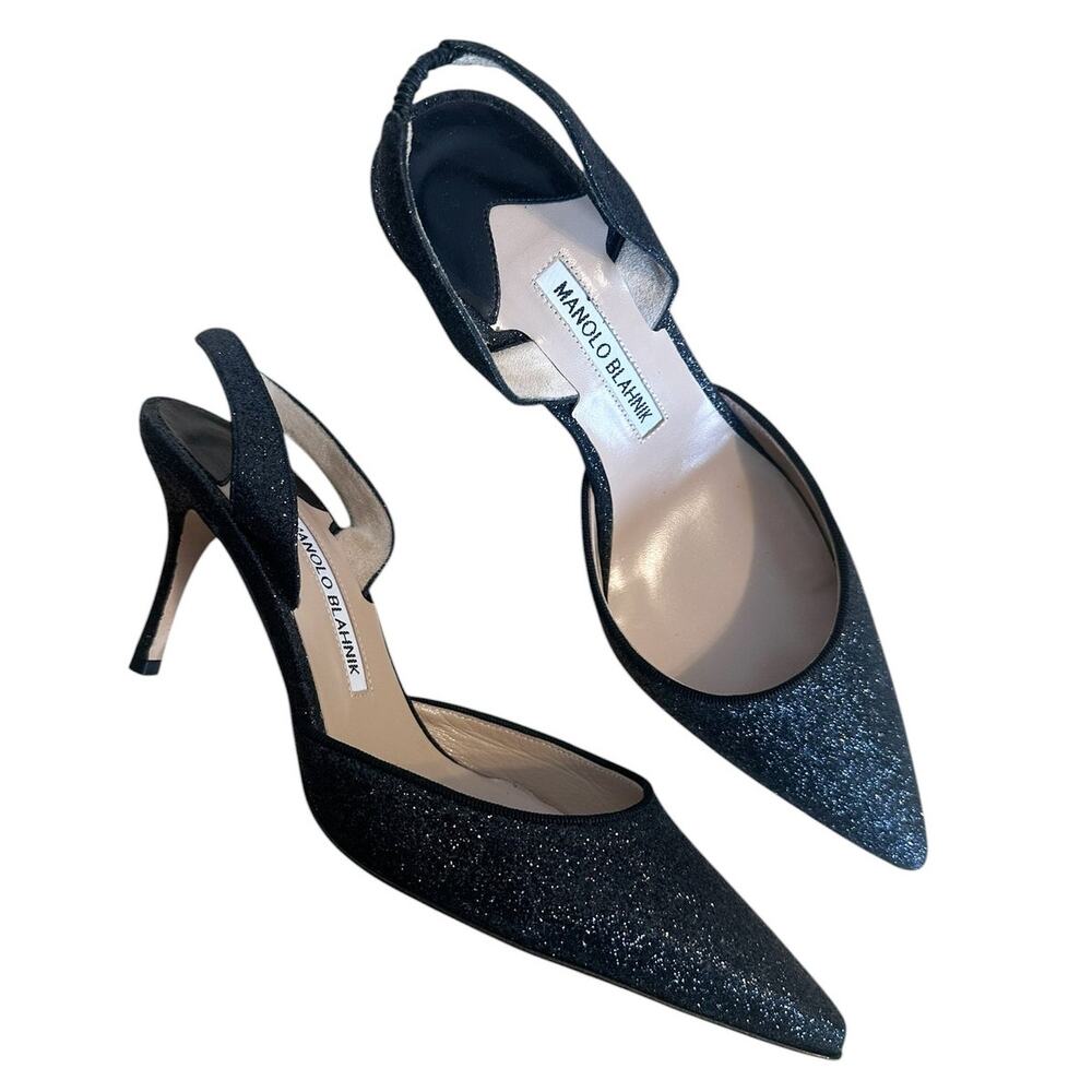 Manolo Blahnik Carolyne Black Glitter  Pointed Toe Slingback Pump  EU 38